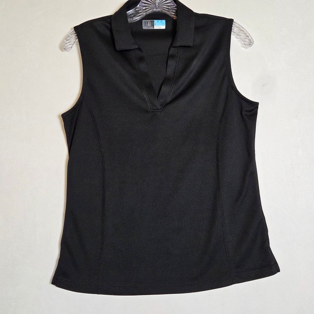 PGA Tour Airflux Sleeveless Golf Polo Shirt Black Womens Medium V-Neck Athletic